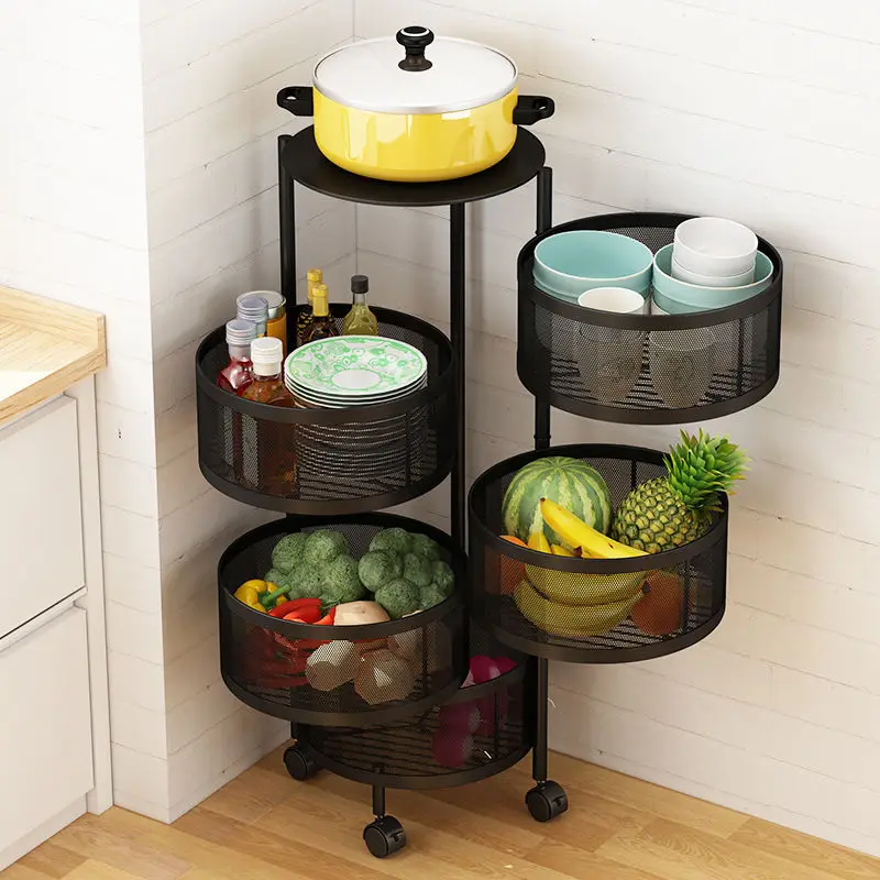 

Kitchen multi-layer rotatable storage rack household bathroom organizer basket multifunctional sundries fruit vegetable shelf, Black/white