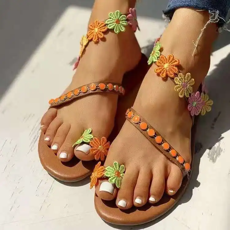 

2021 Summer Free Shipping Thong Flip Flops Bohemian Flower Flat Sandals for Women