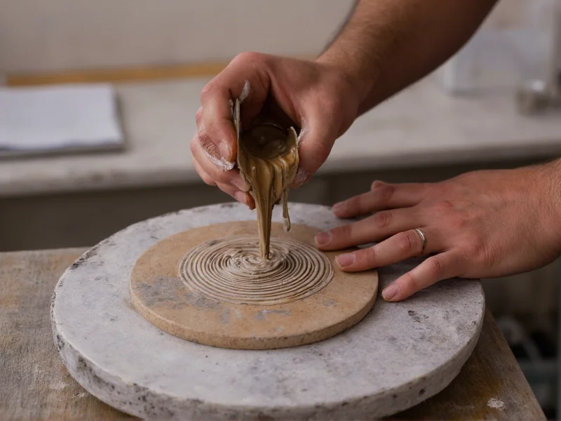 Artisan hand-pouring ceramic glaze in studio
