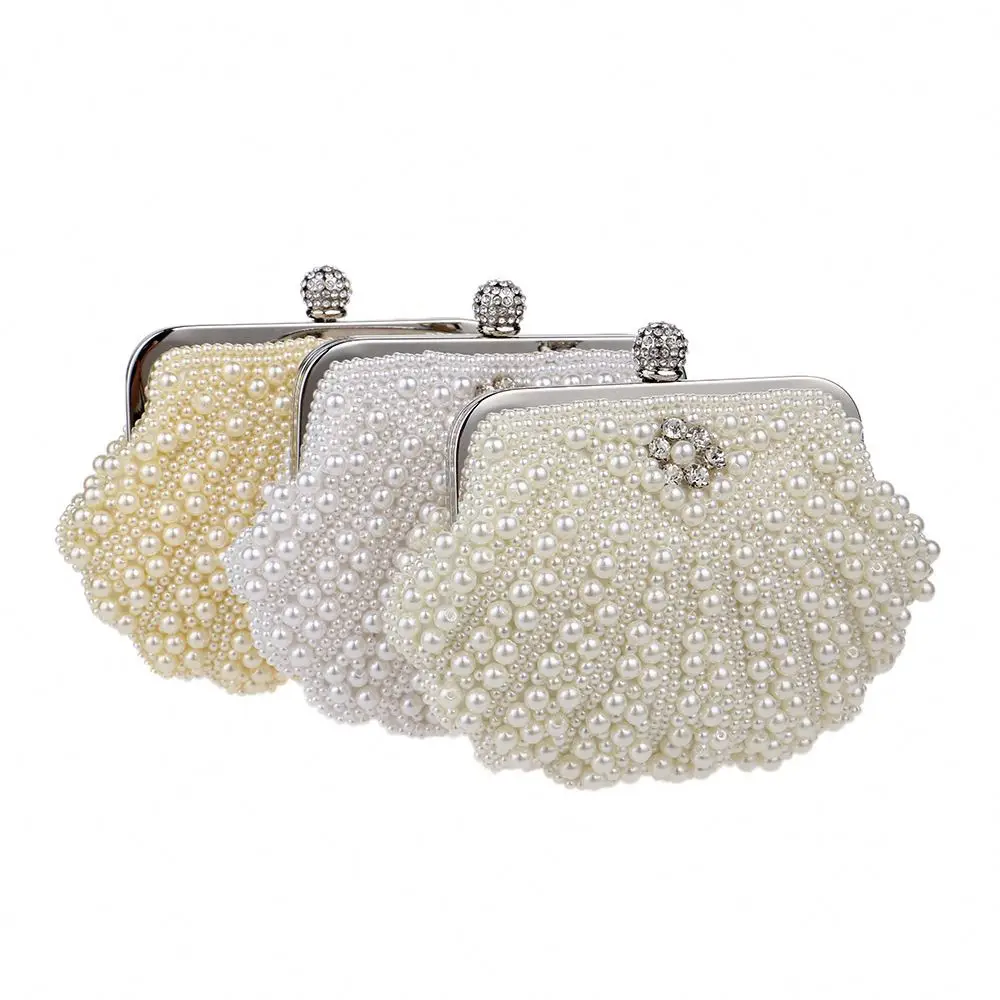 

2021 New design luxury Pearl royal white wedding clutch purse for women