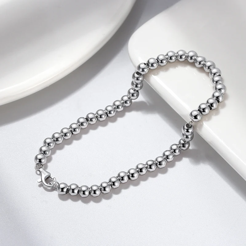 

RINNTIN SB103-4 New Arrivals 925 Sterling Silver Italian Handmade 4mm Bead Ball Strand Chain Bracelet for Women