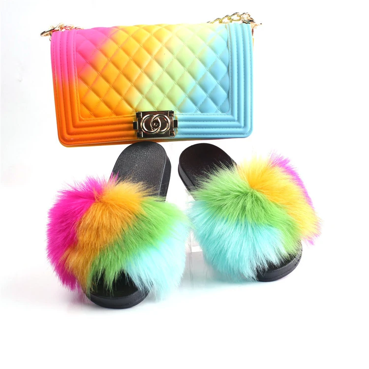 

2021 Top Sale Jelly PVC Luxury Handbags And Shoes Set Purse Ladies Hand Bag With Fox Fur Slippers