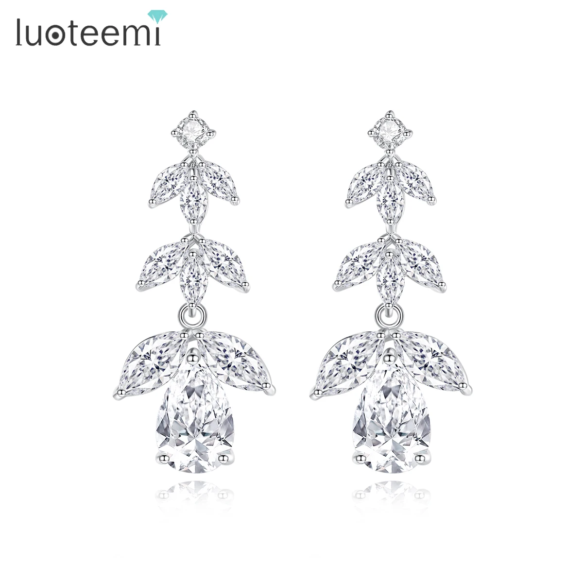 

LUOTEEMI Woman Flower Earing Jewelry Wedding Zirconia Luxury Drop Large Fashion Cz Dangle Bridal Earrings