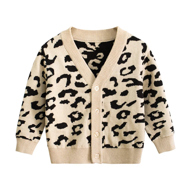 

Custom Wholesale Baby Leopard Knitwear Loose V Neck Children Warm Cotton Boy's Cardigan Sweater, Customized color