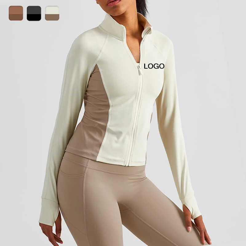 

Thumb Sleeve Yoga Jacket Plain Color Block Fitness Zip Up Gym Top Women Winter Sports Training Jackets