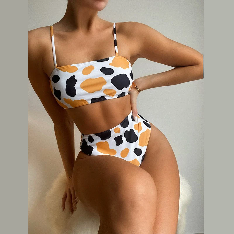 

2021 New Arrivals Printed Outer Single 2 Piece Sexy Bikini Fashion High Waist Split Swimwear Beachwear, As pictures