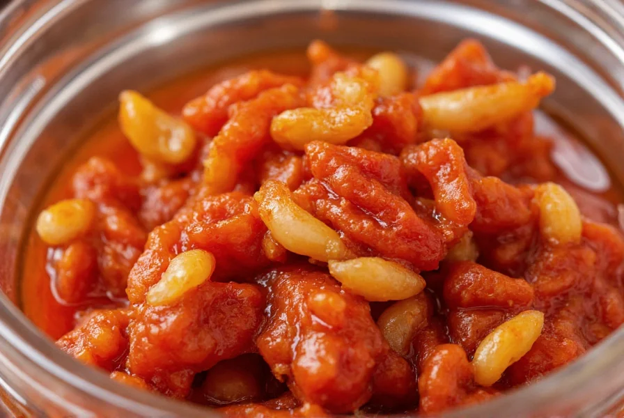 Close-up of authentic chili crisp showing crispy garlic bits and red oil in glass jar