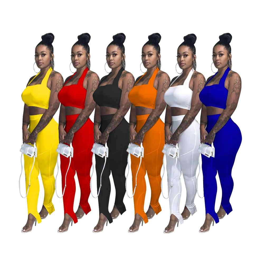 

Foma TS1103 summer 2021 solid color women trending clothing halter bra and pencil pants with split 2 two piece set for girls, 6 colors