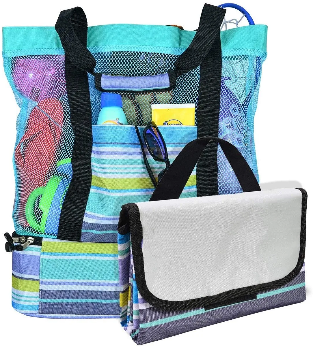 

Breezy Convenient Mesh Beach Tote Bag with Lightweight Fold-Up 5x6 Beach Blanket Mat Built-In Picnic Cooler Bottom