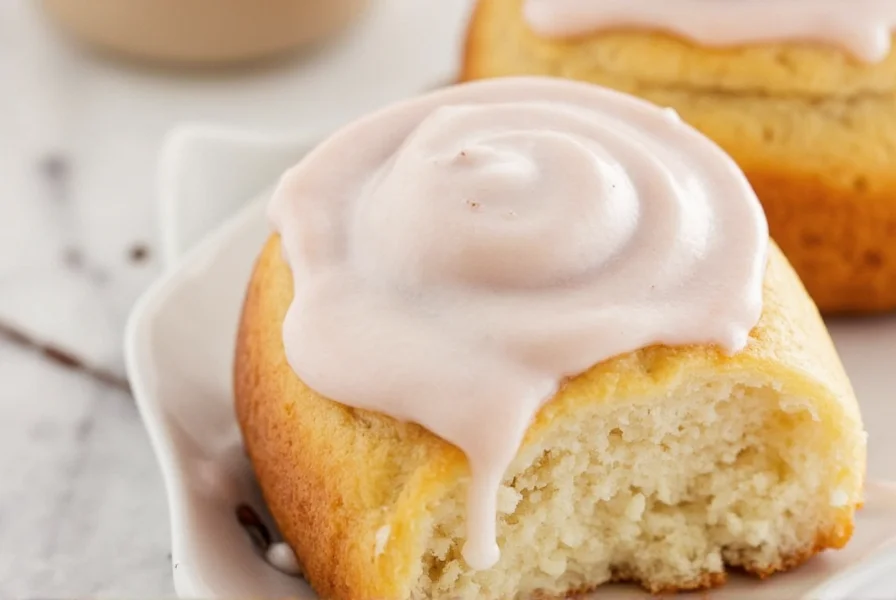 Close-up of creamy white cinnamon roll icing being spread on golden brown homemade cinnamon rolls with visible swirls
