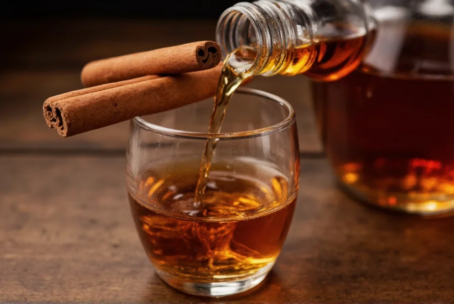 Close-up photography of cinnamon sticks resting on whiskey bottle with golden liquid pouring into glass
