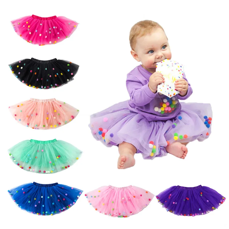 

Wholesale Tutu Skirt Baby Girls Tulle Princess Dress 4-Layer Fluffy Ballet Skirt With Pom Pom Puff Ball