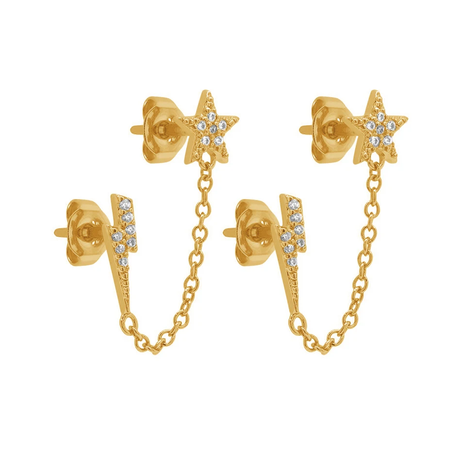

Minimalist 925 sterling silver jewelry 18k gold plated daily wear pave star lightning chain stud earrings for women