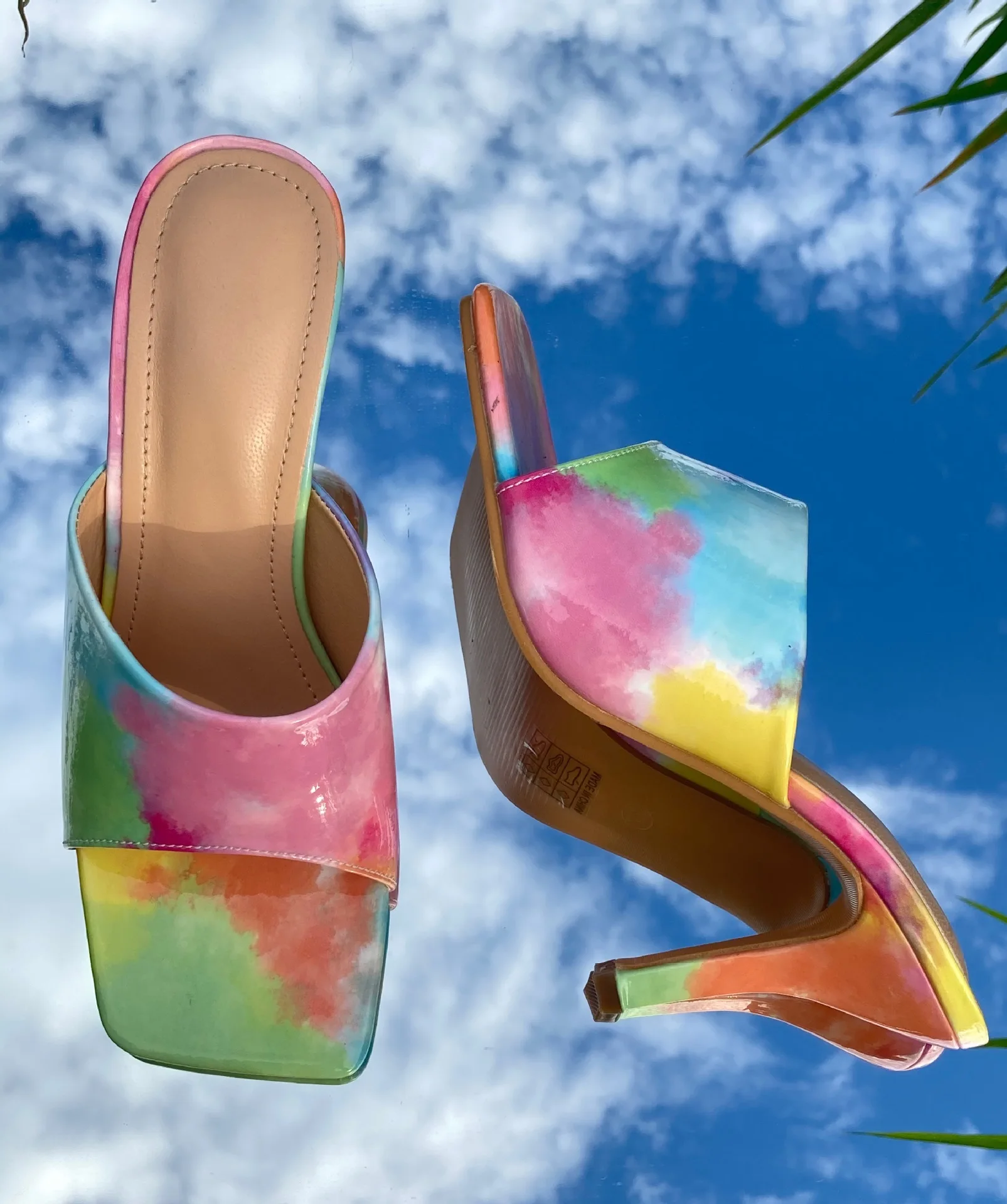 

PDEP high quality rainbow color fish mouth tie dyed high heels PU square fancy women wedge shoes heel high heel mules women, Colorful