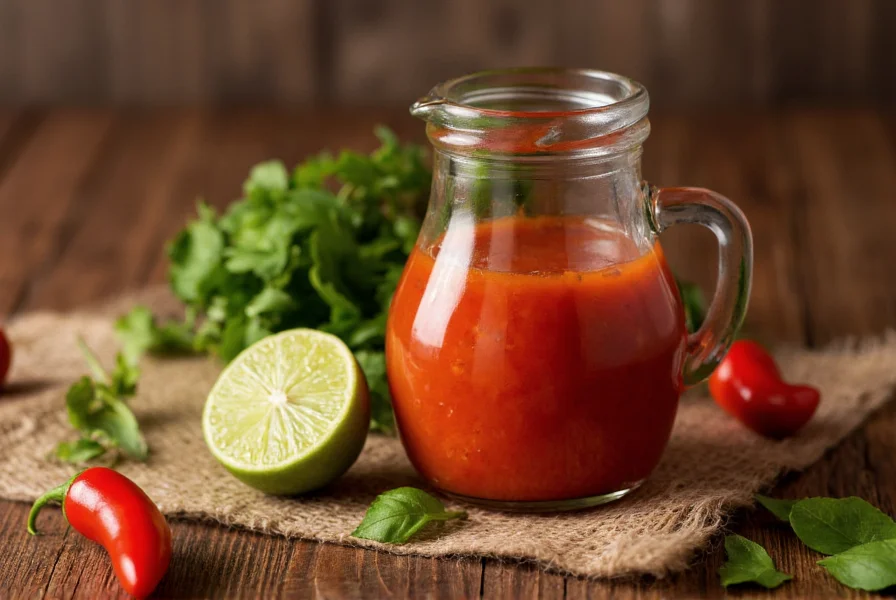 Homemade Serrano-Pfeffer-Sauce in Glasflasche mit frischen Peperoni und Limettenscheiben