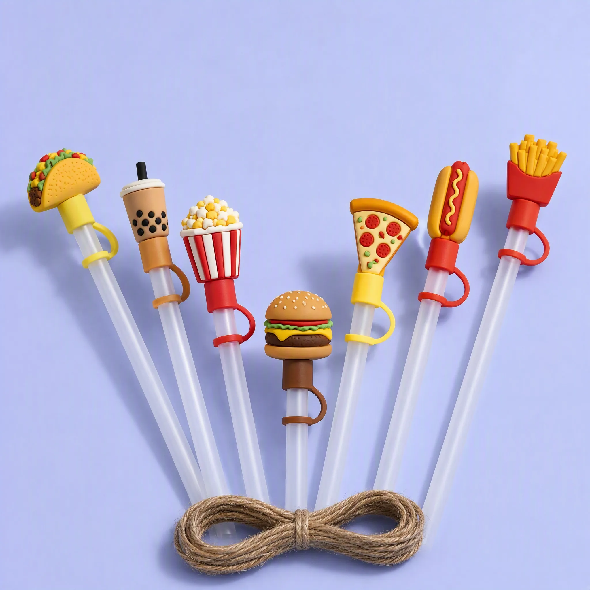 7 Fast Food Straw Toppers in Fan Bundle Tied with Jute Rope