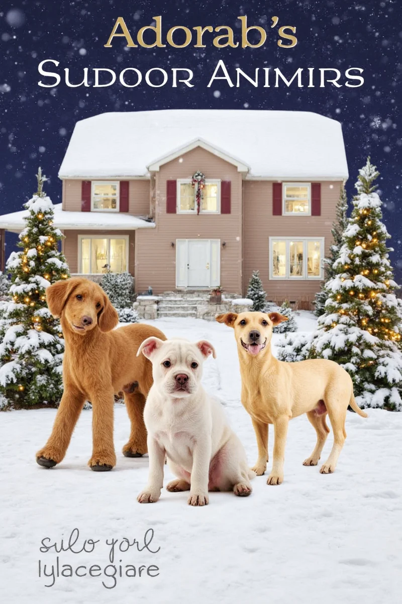 A person installing Christmas decorations while their golden retriever watches curiously from behind a window.