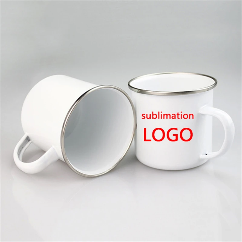 

wholesale 11oz 12oz enamel Camping tin white DIY blanks Sublimation coated enamelled drinking mugs For Happy Camper Outdoor, White color