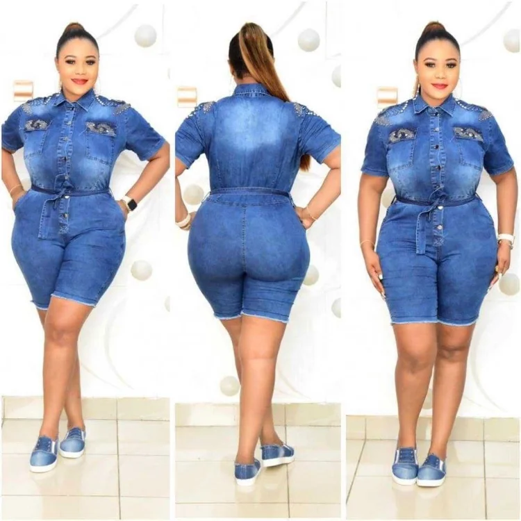 

African women plus size mother dress short sleeve single breasted epaulette washed denim jumpsuit