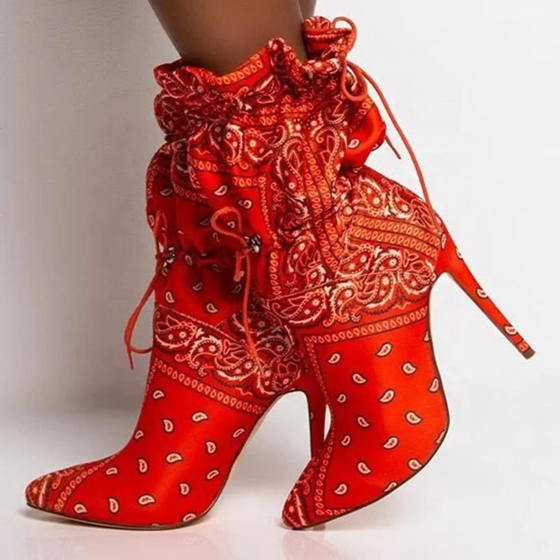 

Camouflage Big Size 43 Thin Heel Pointed Toe Half Knee High Women Boots Bandanna Upper Lace Up High Heel Mid-calf Women Booties, Red,black,camouflage