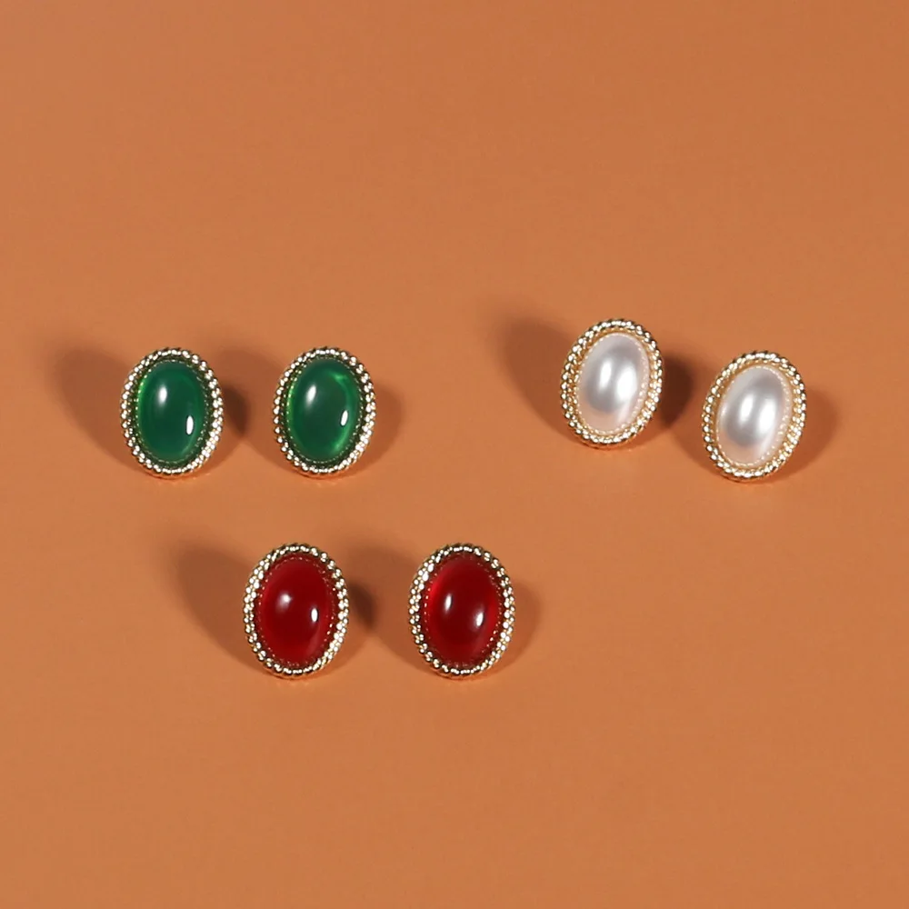 

2021 Korean Fashion Female Simple New Red Emerald Stud Earrings Green White Pearl Stud Earrings