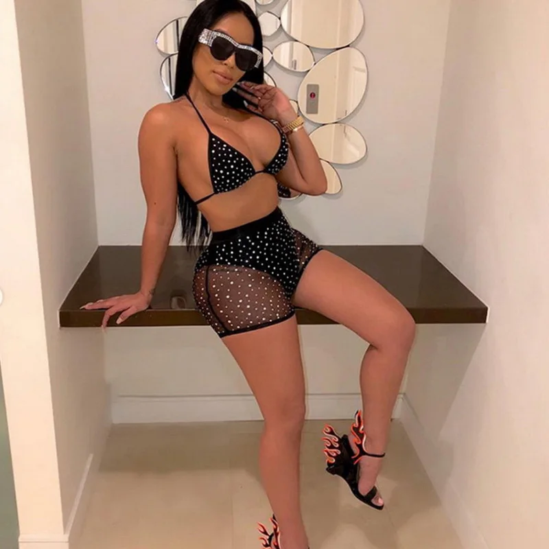 

Summer 2019 New Women Spot Printing Wear Necklace Small Vest High Waist Mid Length Short Pants Suit, As picture