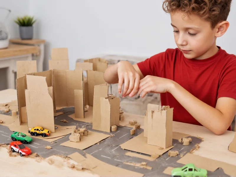 Child building cardboard city with toy cars