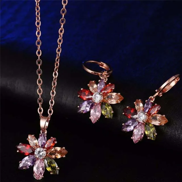 

2021 Fashion Rose Gold Plated Women Necklace And Earring Jewelry Sets For Party