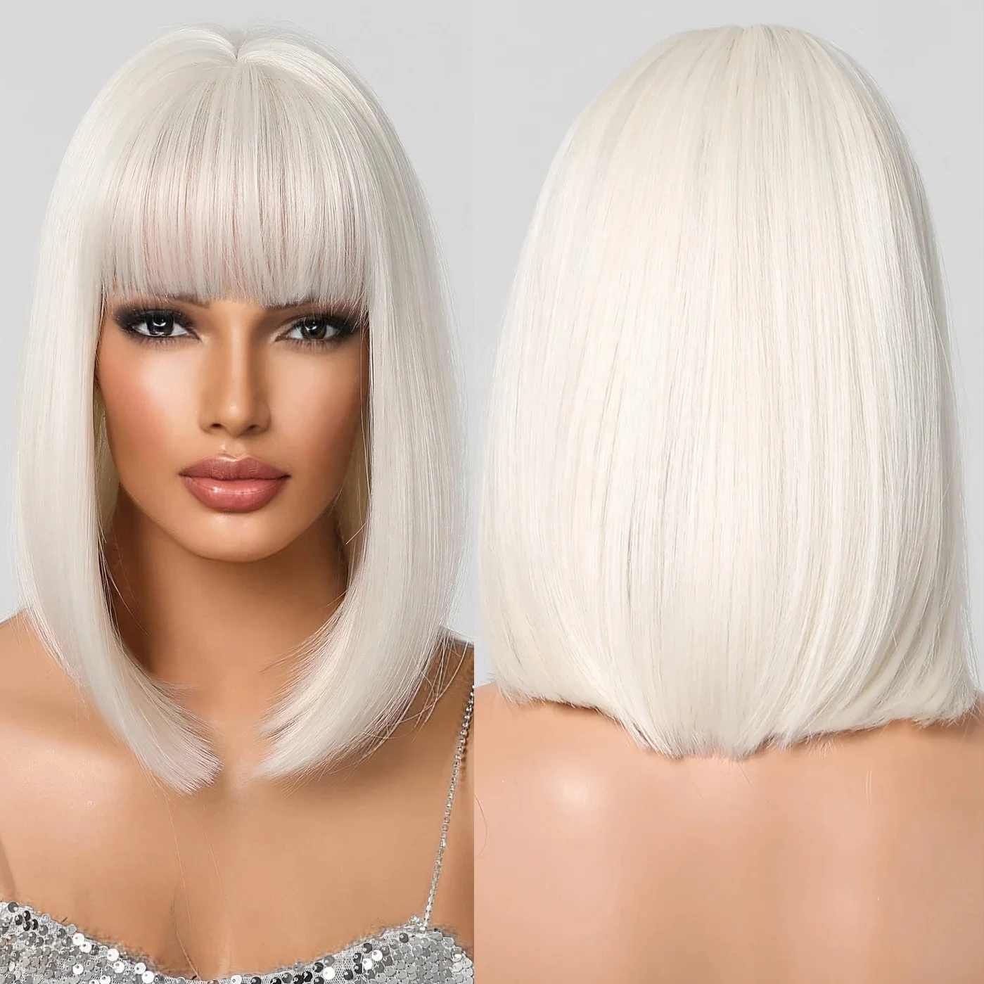 Short White Straight Bob Hair Wigs With Bangs Heat Resistant Synthetic Wigs for Women Light Christmas Cosplay Wigs