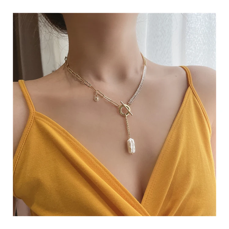 

Baroque Pearl Pendant Necklace Women's Inlaid Zircon Gold Long Chain Necklace Jewelry