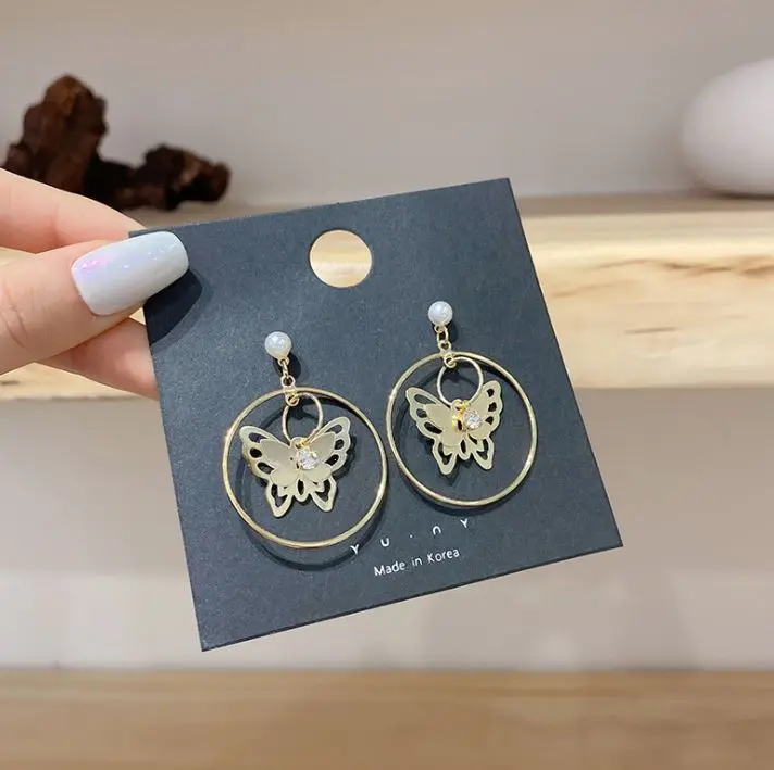 

S925 silver post metal butterfly earrings female personality diamond temperament pearl earrings wholesale