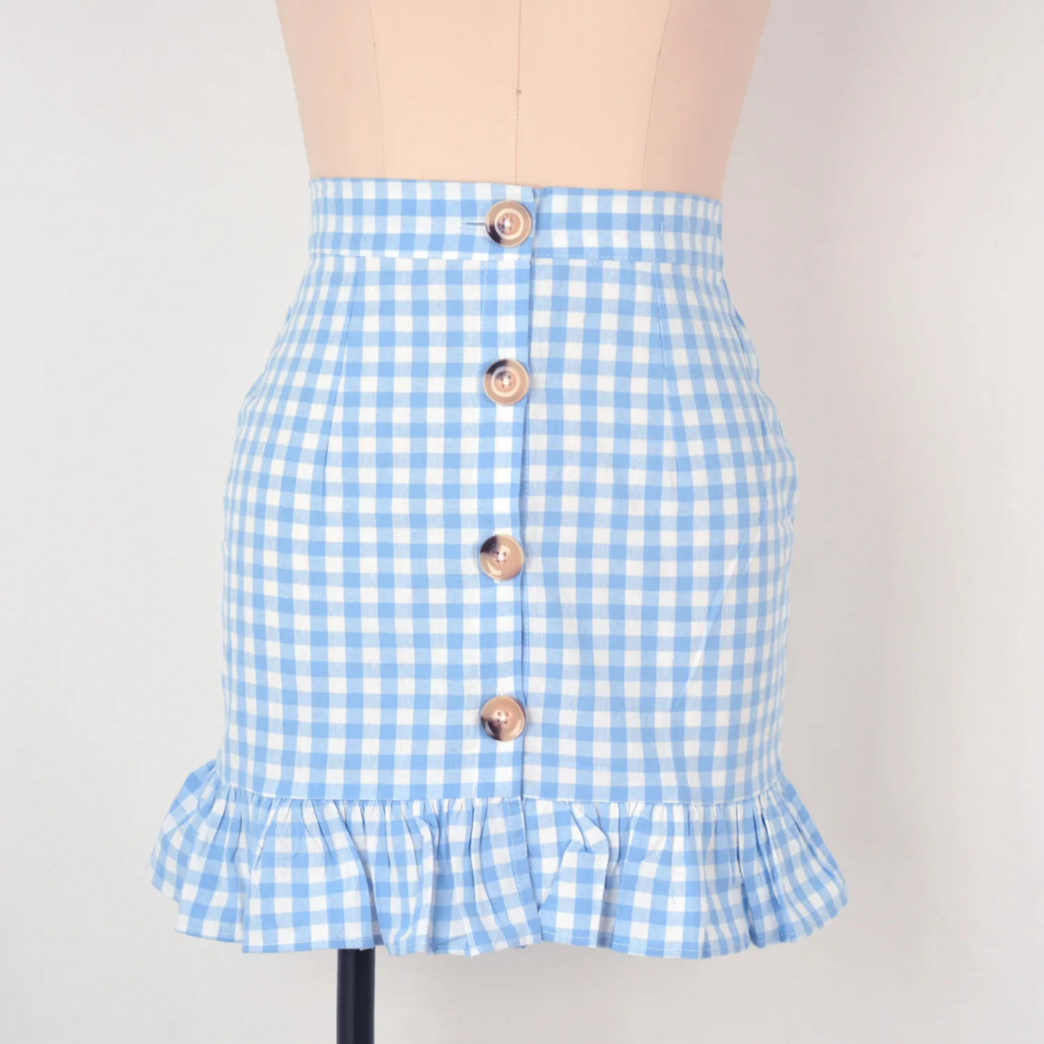 

Wholesale Ladies Summer Buckle Ruffle High Waist Short Pink Girls Plaid Women's Skirt, 4 colors