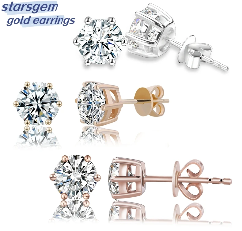 

starsgem moissanite stud earrings 0.5ct 1ct D color round brilliant cut snowflake 14k 18k white yellow rose gold earrings
