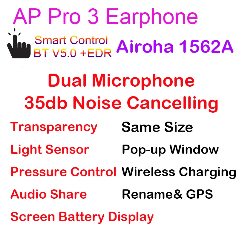 

2021 best air pro 3 TWS wireless earphones Airoha 1562a 1536u earbuds i900000 35db ANC sport music rename gps headset