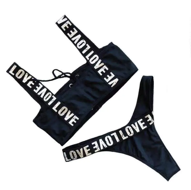 

2020 new arrivals Fashion Shoulder Bikini Strap Lace up Patch Work Printed Solid 2 pieces set Beach Wear women Swimsuit, Picture show