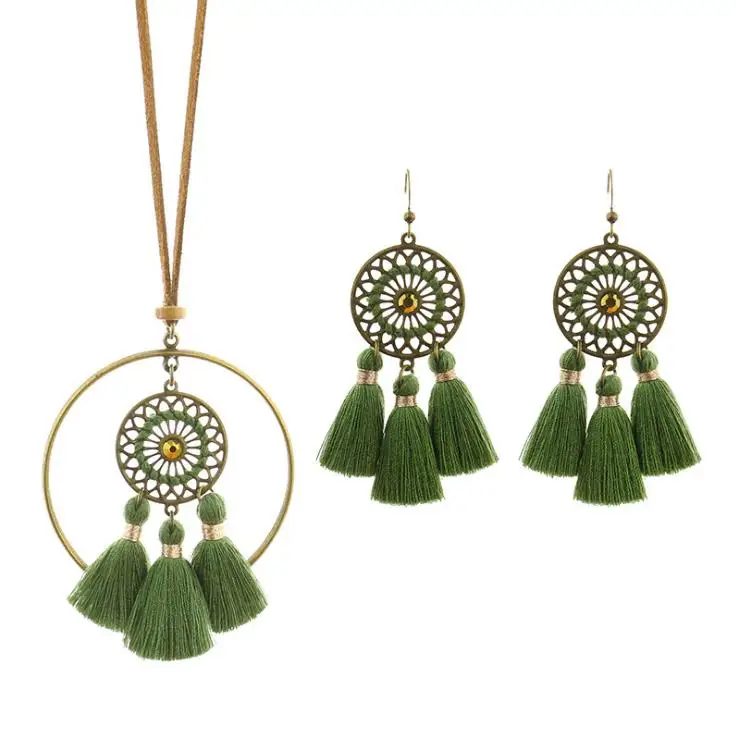 

Bohemian tassel long earring necklace set ethnic style handmade rope hollowed-out