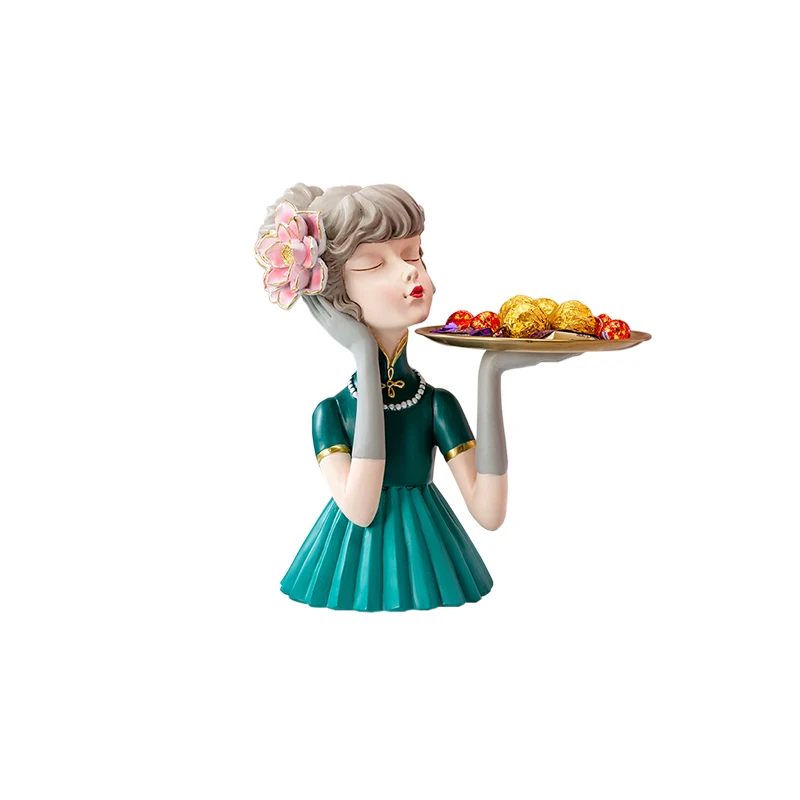 

New creative decoration key tray resin girl TV cabinet resin decoration resin girl tray decoration, Gray,green