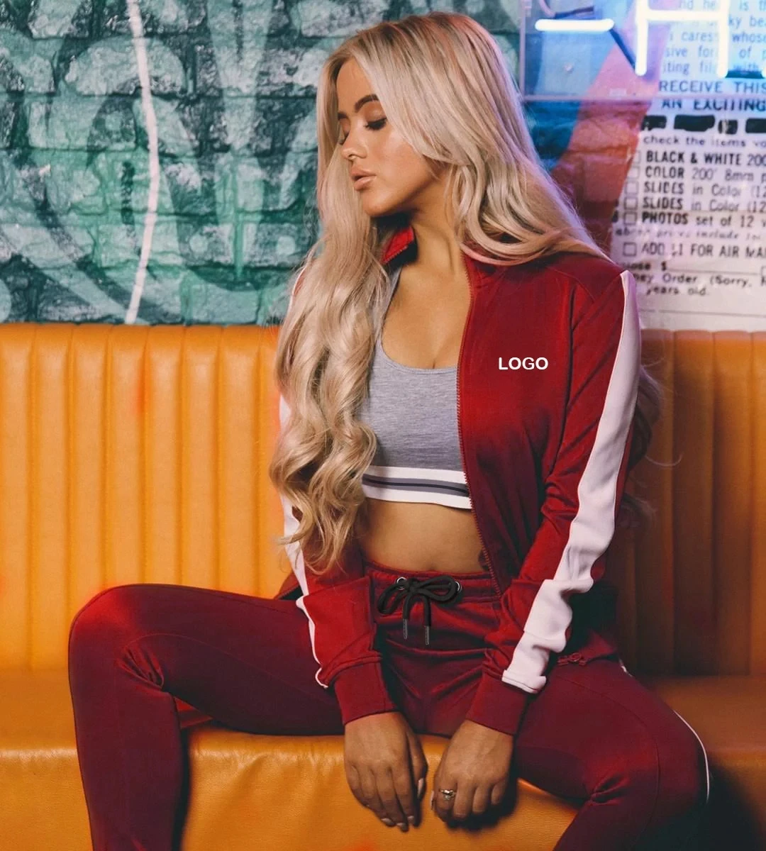 

Red Plus Size Womens High Quality Blank Jogger 2 Piece Set Top Logo Sweat Suit Custom Women Sweatsuit Set, Custom color