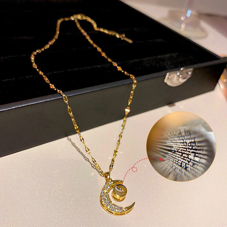 

G2115 INS Romantic 100 Languages I Love You Jewelry 18K PVD Gold Plated Stainless Steel Chain Zircon Half Moon Pendant Necklace