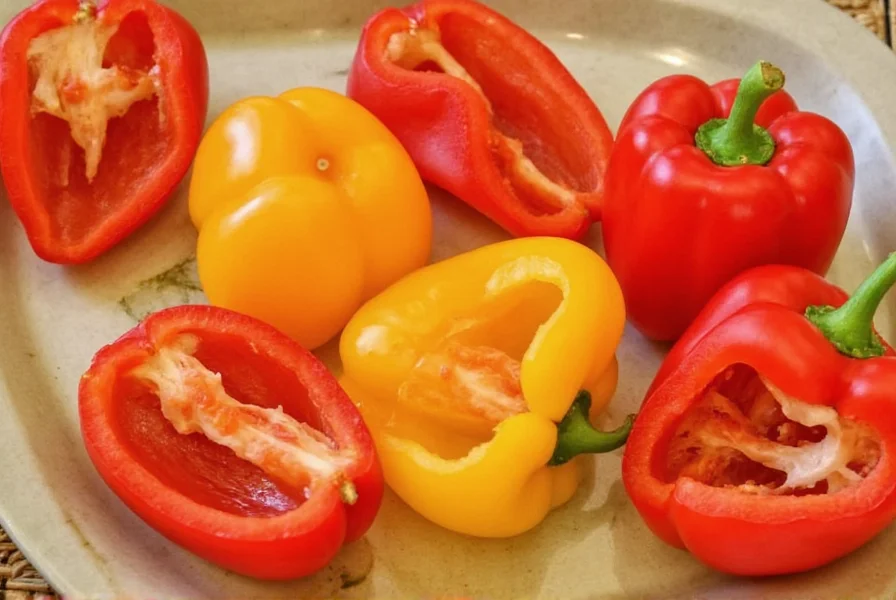 Roasted red bell peppers cooling on a plate