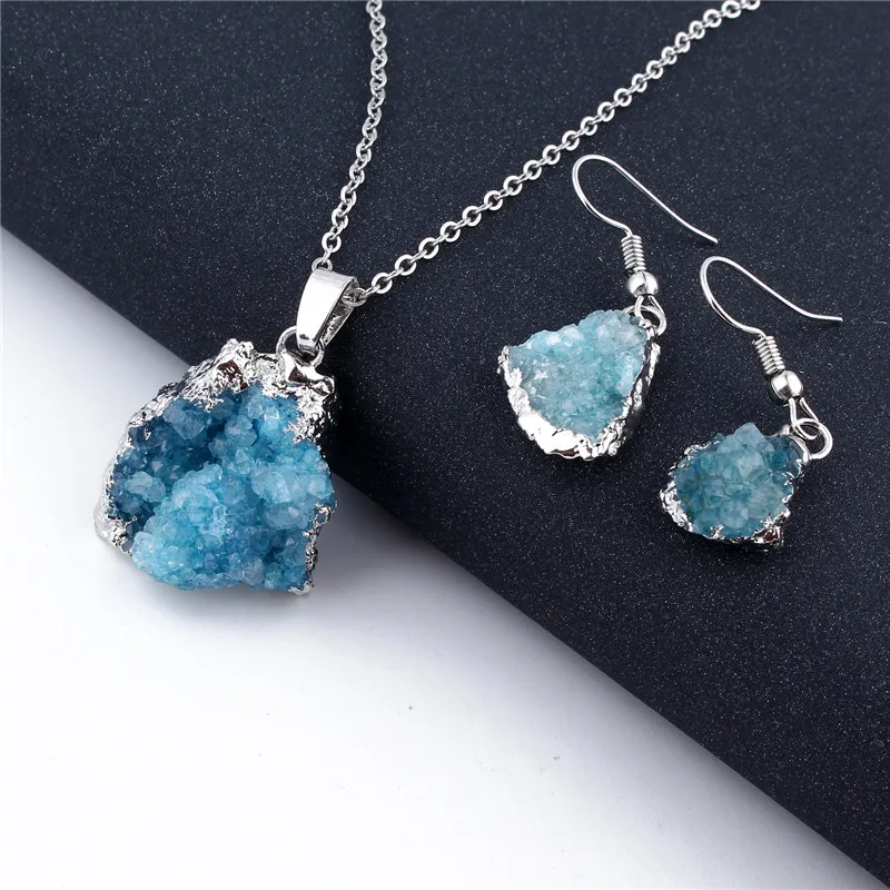 

Statement Irregular Natural Druzy Stone Necklace Geometric Gemstone Druzy Quartz Crystal Earrings Jewelry Set