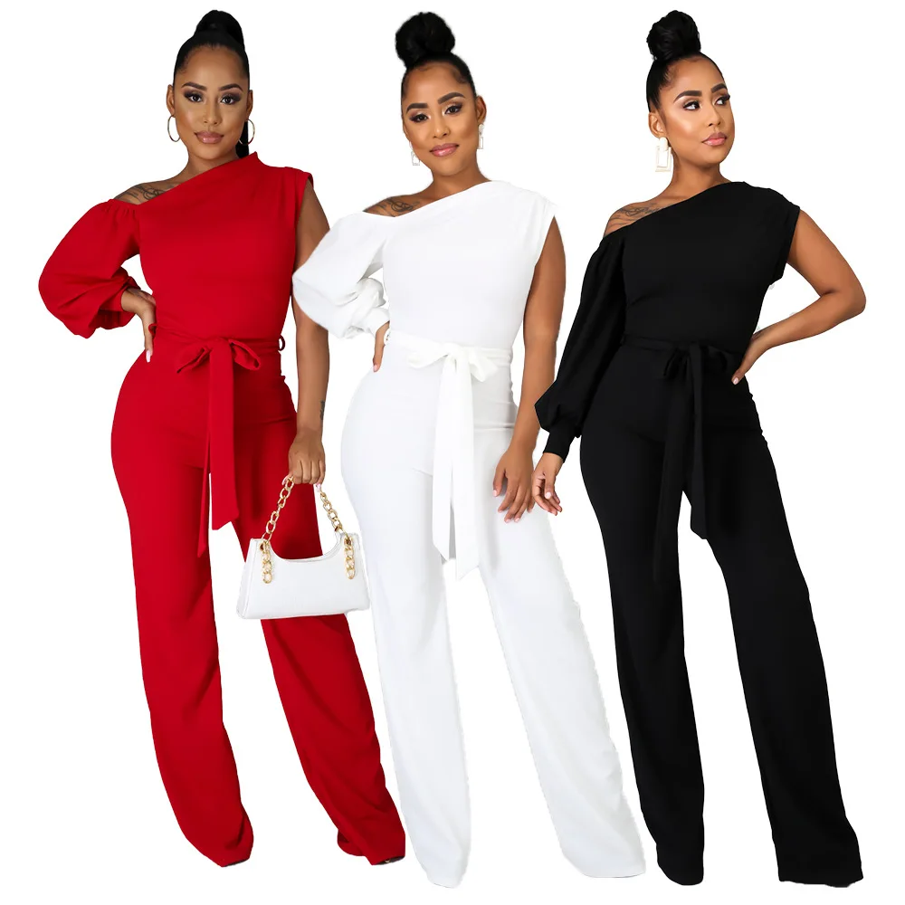 

2022 New Arrivals Solid One Piece Bandage Jumpsuits Single Sleeve Romper For Women Casual Wide Leg Jumpsuits