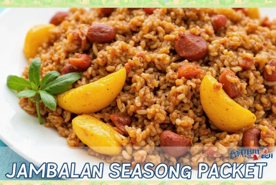 Finished jambalaya dish with seasoning packet nearby