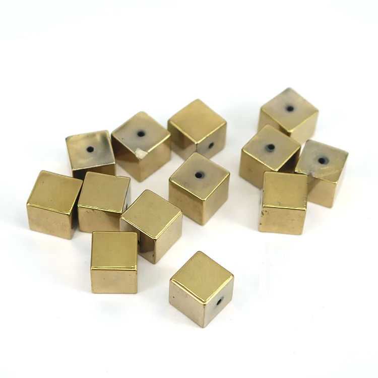 

JS1467 Can Engrave Logo Gold Accent Jewelry Spacer Findings Gold Plated Hematite Stone Cube Box Square Beads