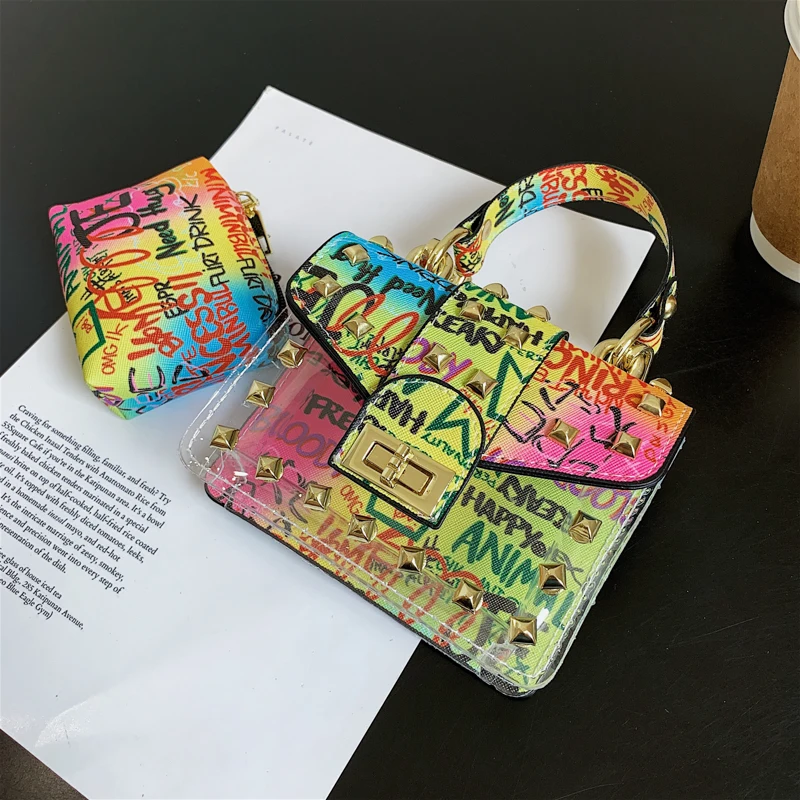 

2021 New Fashion Graffiti Bags Hot Selling Trendy Colorful Graffiti Shoulder Bag Chains Graffiti Purses Pvc Rivet Women Handbags, As show or custom you like color