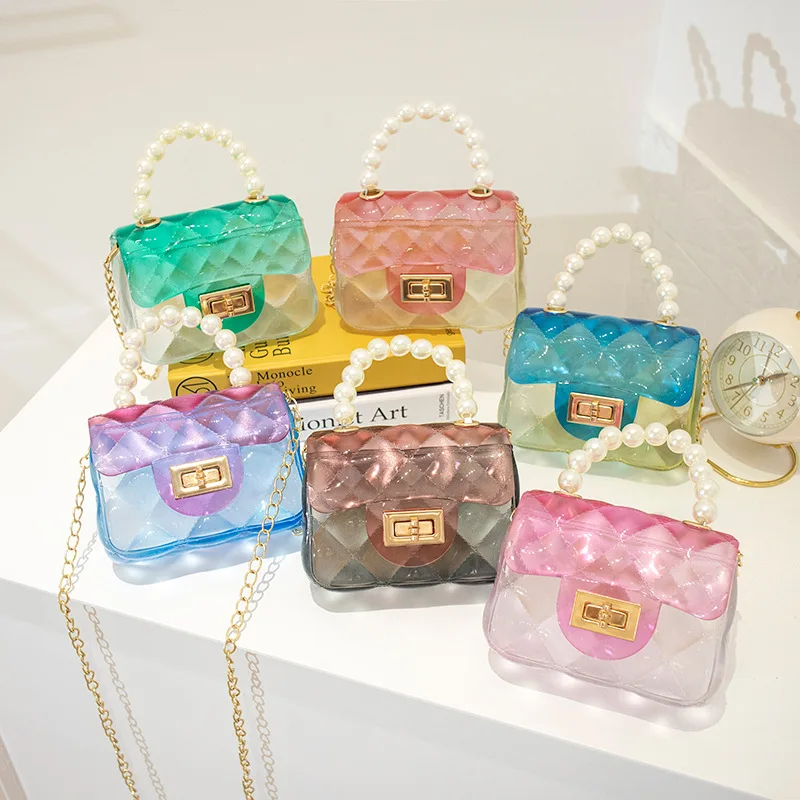 

Mini PVC Transparent Handbag Ladies Messenger Bag Gradient Candy Color Pearl Handle Chain Straps Silicone Jelly Crossbody Bag