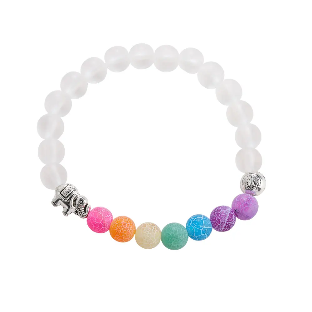 

Unique Gift Frosted Stone White Agate Bead Bracelet for Men Women Elephant Charm 7 Chakra Stretch Bead Bracelet, Colorful