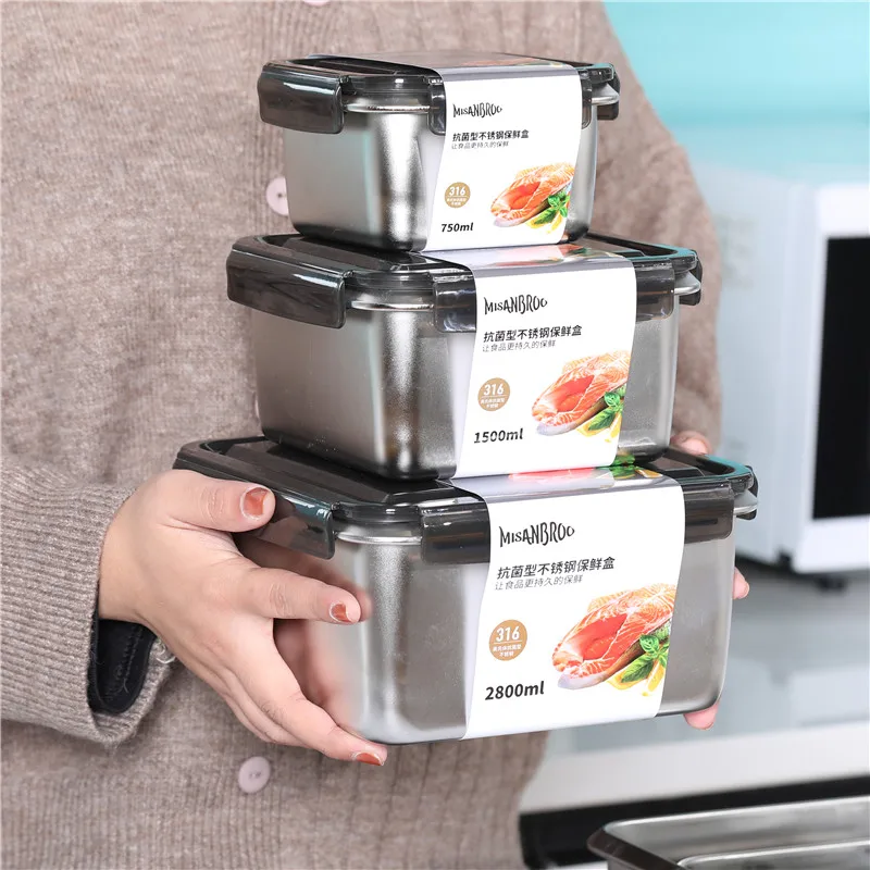 

High quality food grade metal leak-proof 316 stainless steel crisper big size storage box