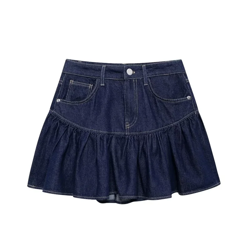 ZATRHMBM Women's Casual Blue Denim Mini Skirt 2024 High Waist Pleated Ruffled Short Skirt Fabric Woven