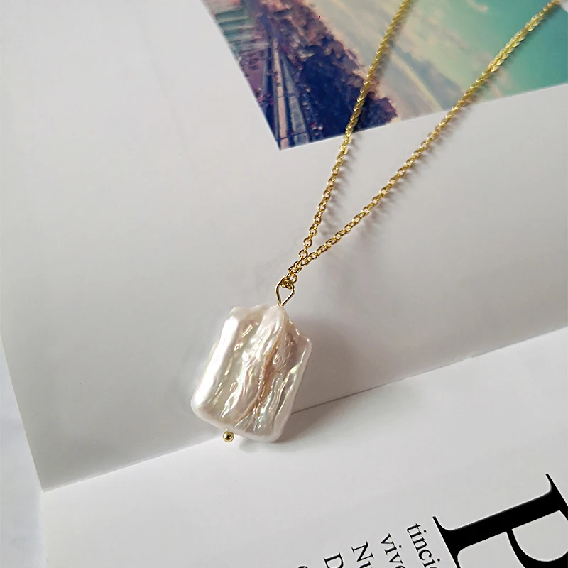 

Irregular Natural Freshwater Pearl Pendant Necklaces White Square Shape Pearl Necklaces for Women Unique Design 2019